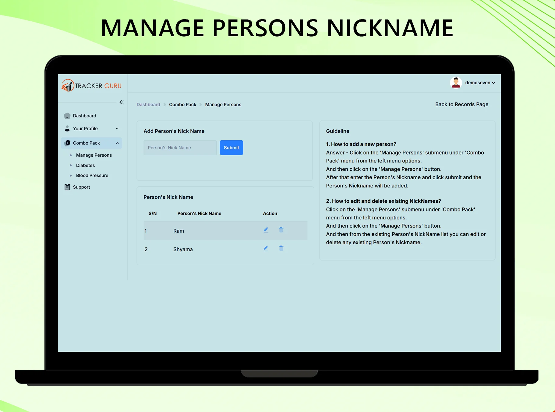 Manage Person's Nickname in Diabetes & Blood Pressure Tracker